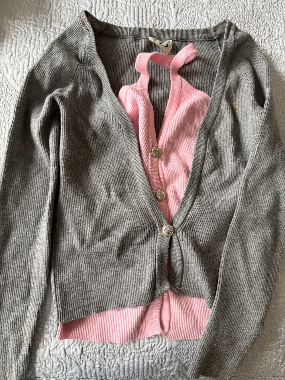 Gray Cardigan with Pink Ribbed Tank Set